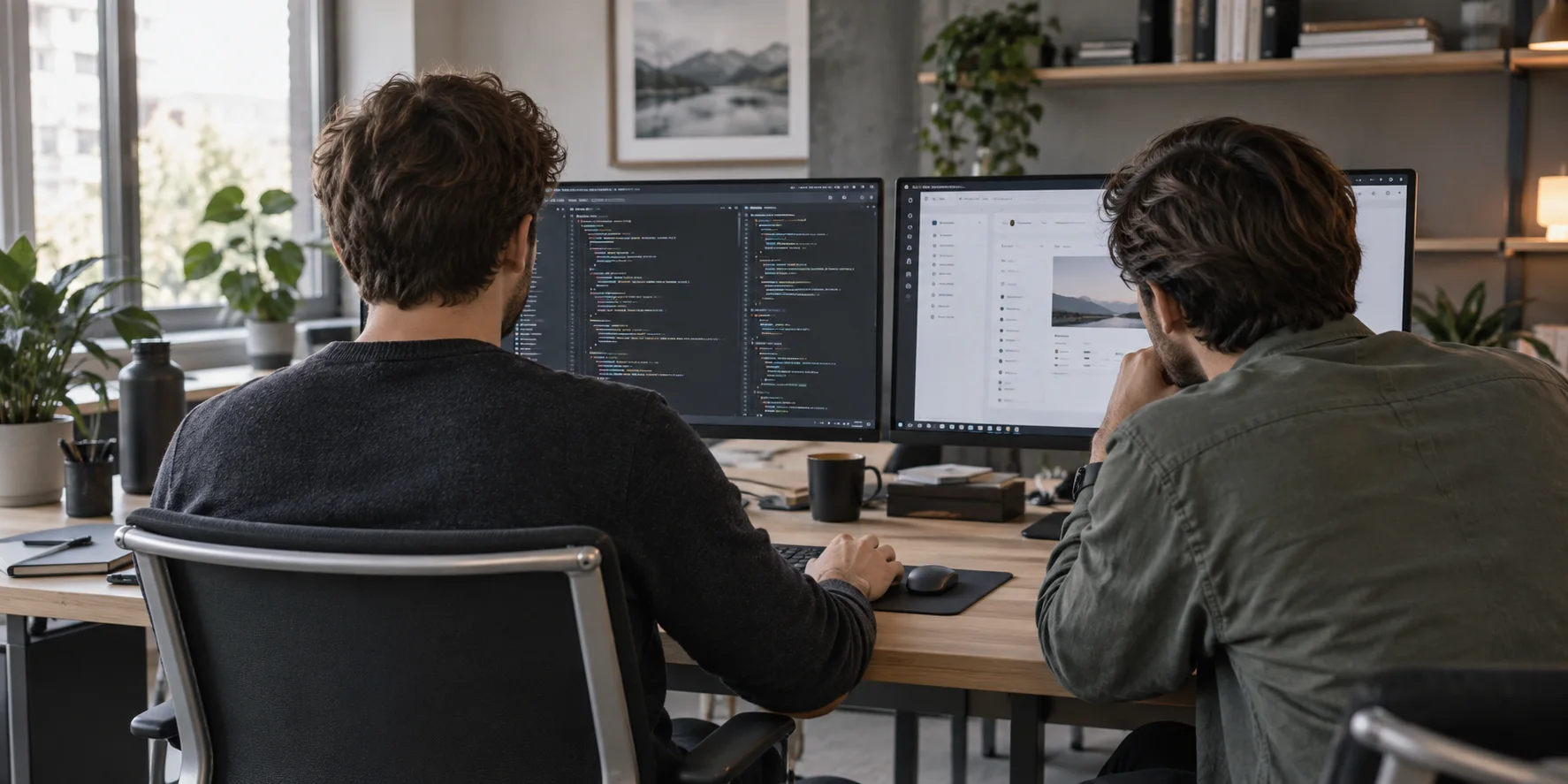 Illustrative Arbeitsszene: Zwei Software Creator sitzen von hinten gesehen gemeinsam vor ihren Bildschirmen.